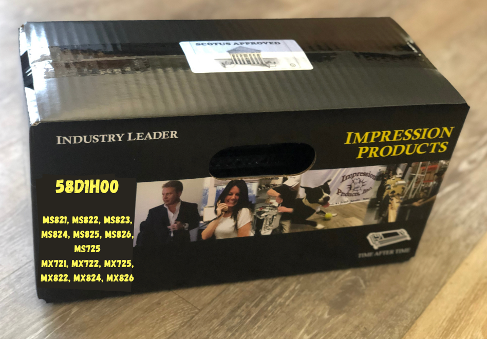 Lexmark 58D1H00 high yield recycled toner cartridge by Impression Products in a black box with product and company branding.
