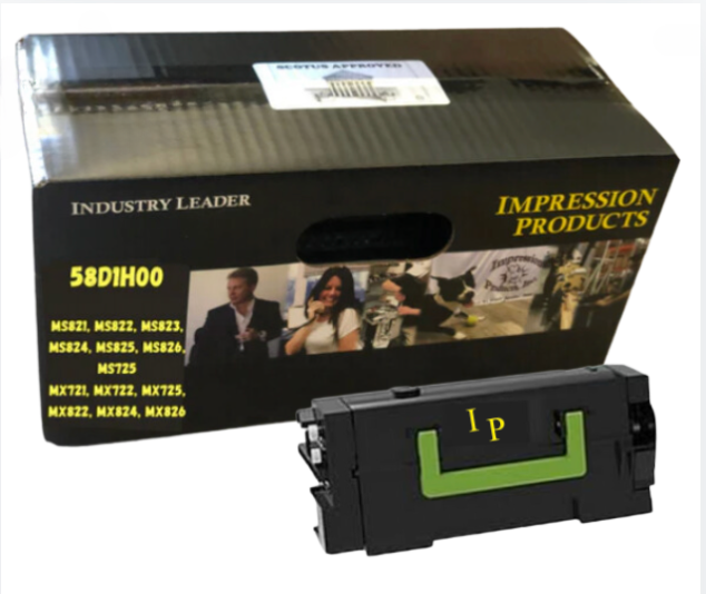 Lexmark 58D1H00 high yield toner cartridge with packaging, designed for Lexmark MS and MX series printers.